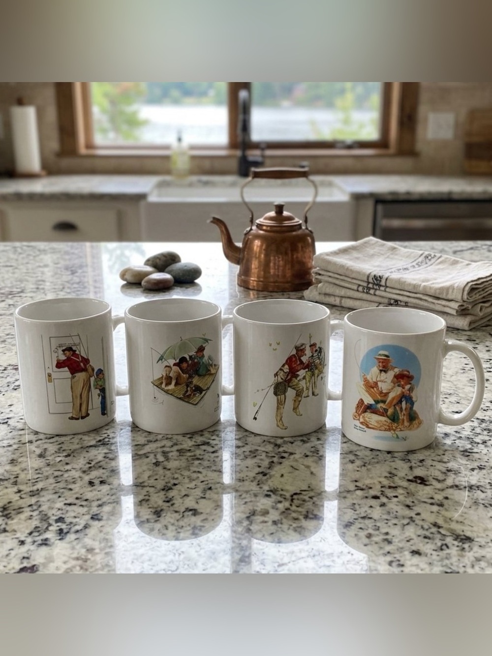 4 VTG 1987 Norman Rockwell Fisherman Paradise Museum Collections Japan 8oz Mugs